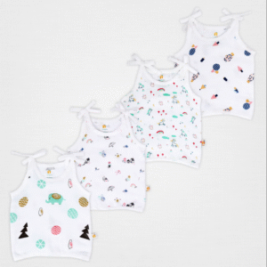 premium muslin knot jhabla for newborns soft cotton baby vests with shoulder ties | best baby products for infants 0 6 months | pack of 4 printed sleeveless bodysuits